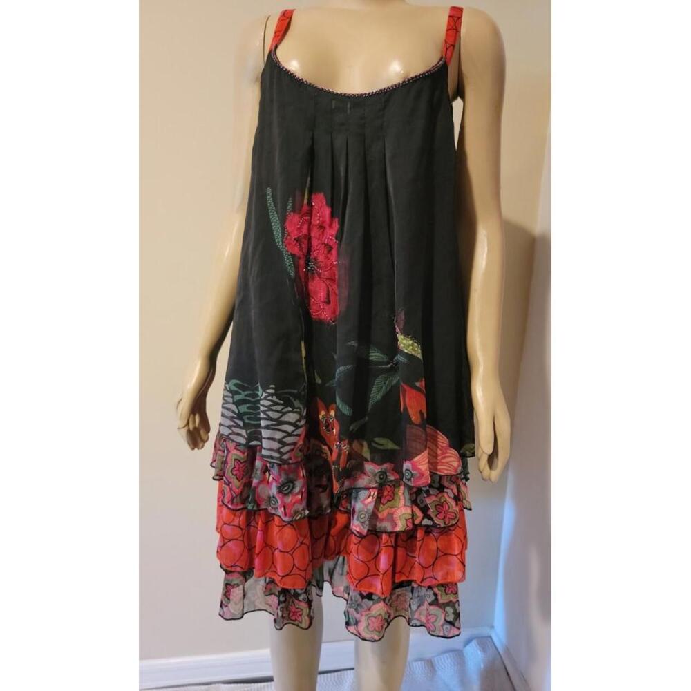 TAILLISSIME Sleeveless FITS XL Tiered Beads Birds/floral Top Shirt Dress NEW #11